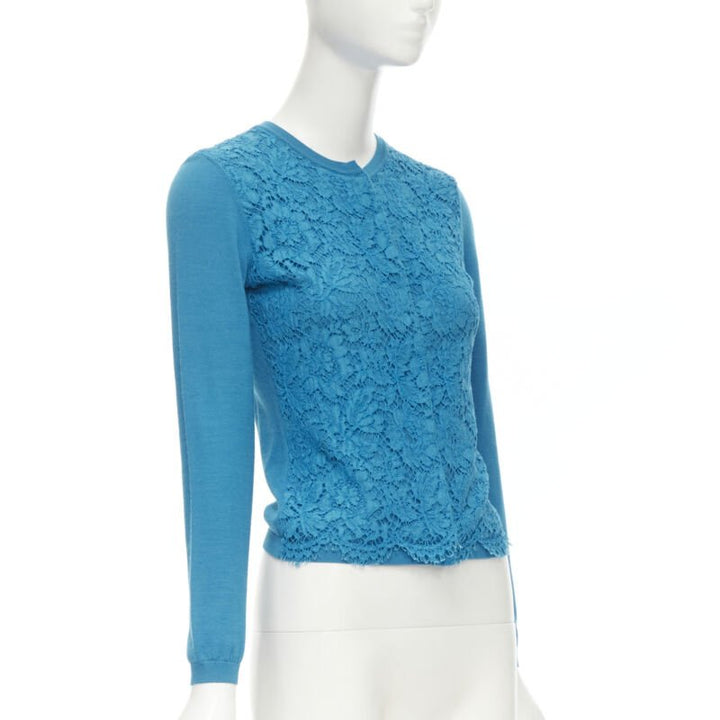 VALENTINO blue floral lace front wool silk cashmere cardigan sweater S