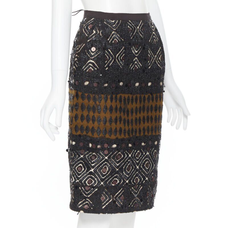 OSCAR DE LA RENTA 2008 brown raffia sequins embellished jacquard skirt US0 24"