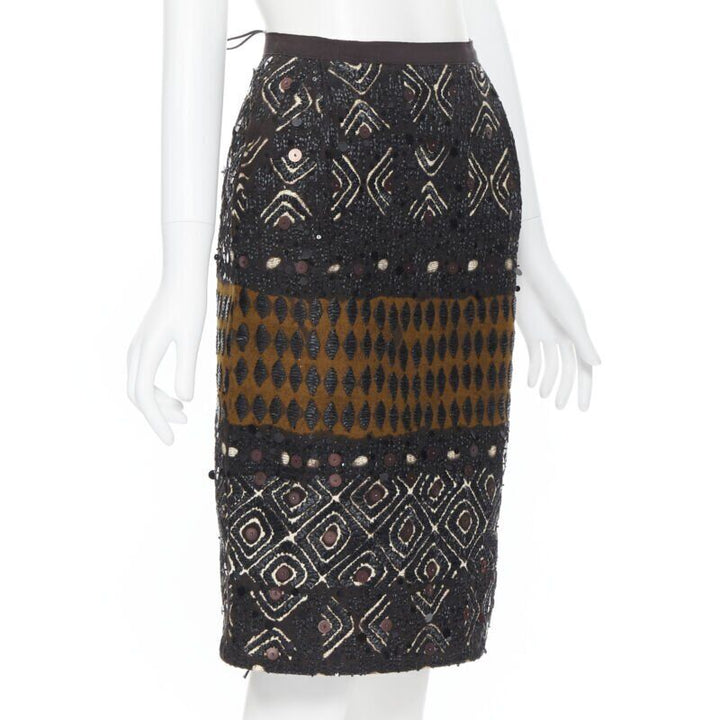 OSCAR DE LA RENTA 2008 brown raffia sequins embellished jacquard skirt US0 24"
