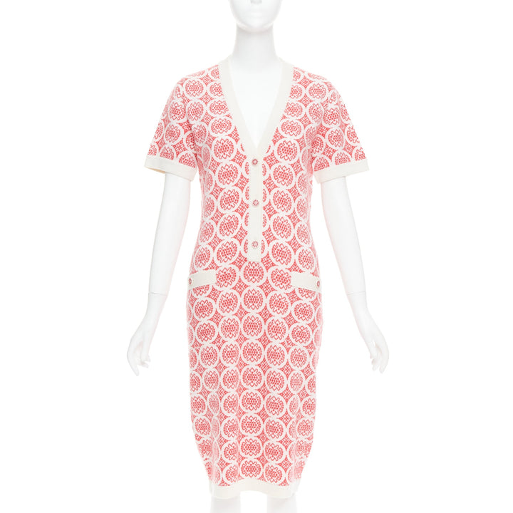 CHANEL 100% cashmere pink cream CC button pattern dress FR38 M