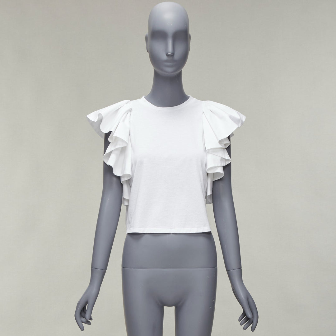 ALEXANDER MCQUEEN white cotton ruffle sleeve crew neck crop top IT38 XS