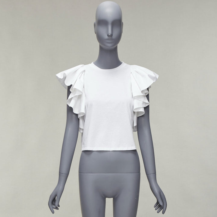 ALEXANDER MCQUEEN white cotton ruffle sleeve crew neck crop top IT38 XS