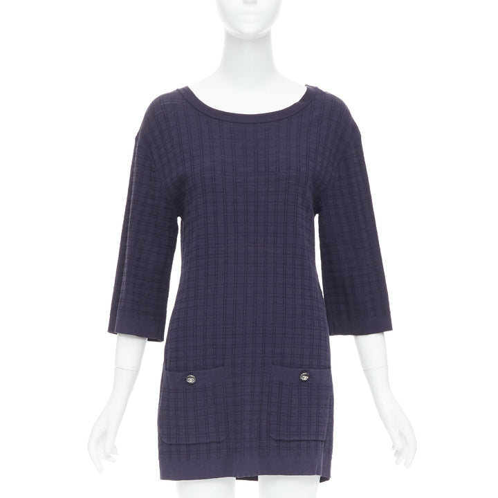 CHANEL navy cotton grid knit gold CC button 2 pocket mini dress FR36 S