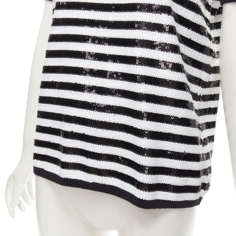 MICHAEL KORS COLLECTION 100% merino wool black white sequins striped boxy top XS
