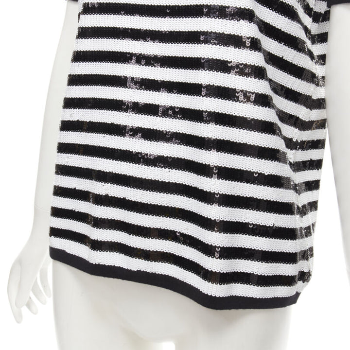 MICHAEL KORS COLLECTION 100% merino wool black white sequins striped boxy top XS