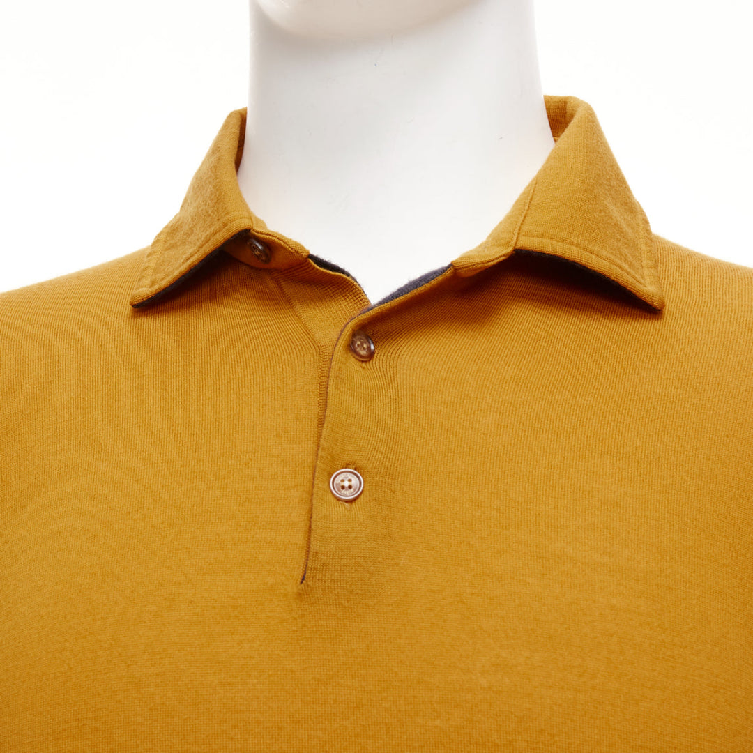 ERMENEGILDO ZEGNA wool cashmere mustard yellow knit polo sweater IT50 L