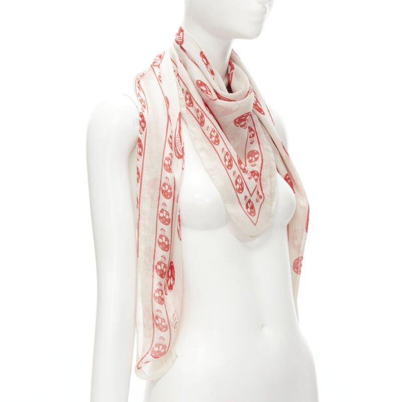 ALEXANDER MCQUEEN Signature skeleton skull light grey red silk scarf
