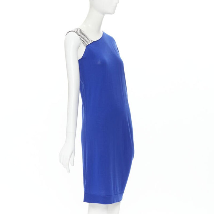 BALMAIN blue wool crystal rhinestone embellished strap asymmetric dress FR36 S