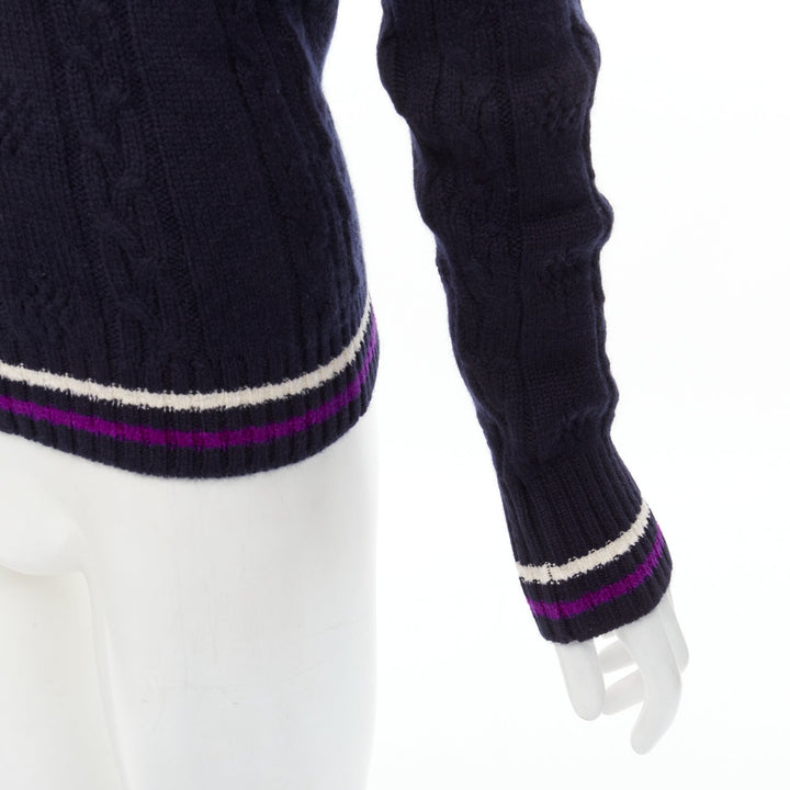 CHANEL cashmere blend navy purple embroidered badge schoolboy sweater FR38 M