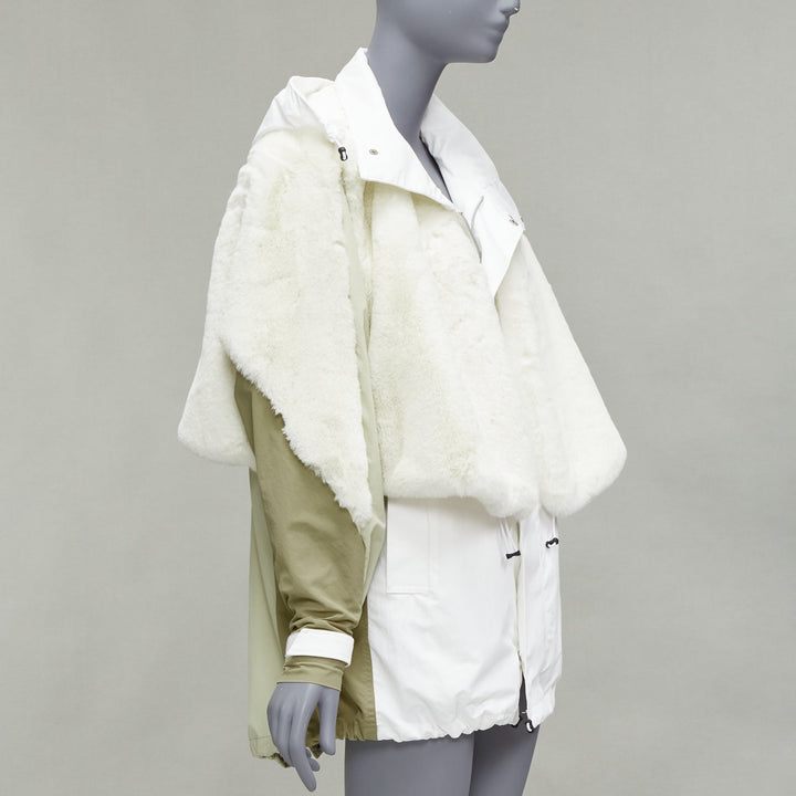 TOGA PULLA white nylon cream faux fur layered deconstructed parka jacket FR36 S