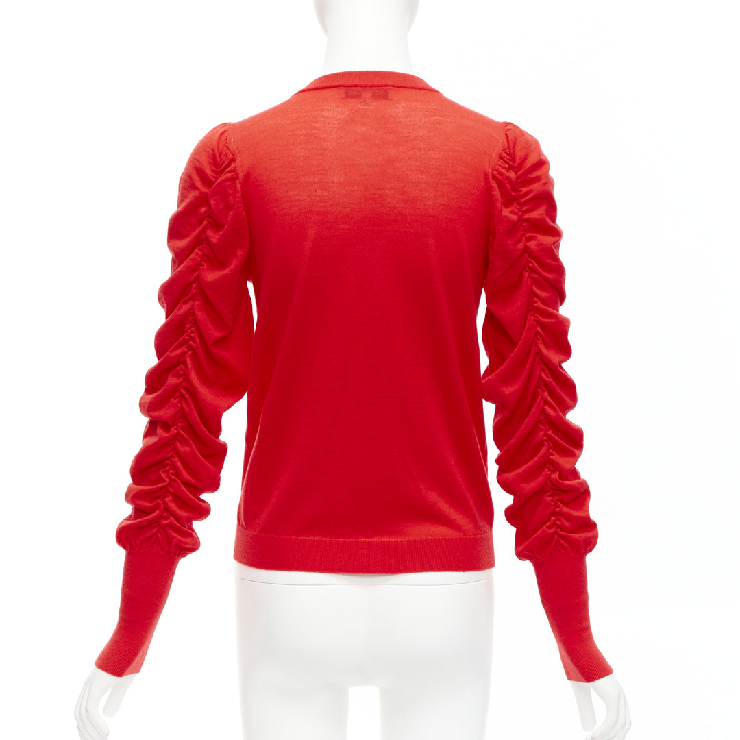 DICE KAYEK red 100% wool ruched sleeves crew neck cardigan sweater FR36 S