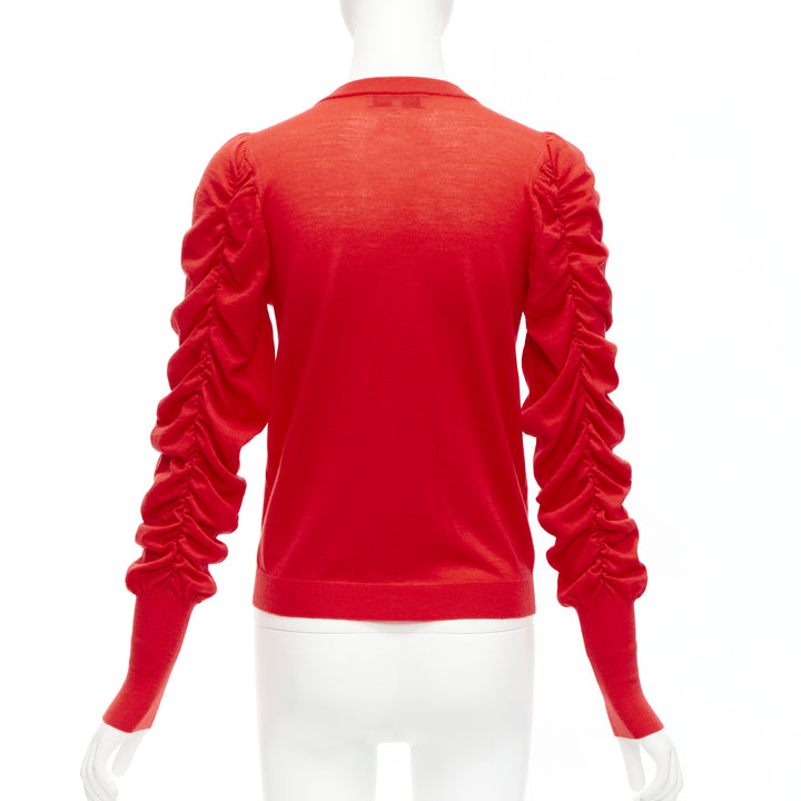 DICE KAYEK red 100% wool ruched sleeves crew neck cardigan sweater FR36 S