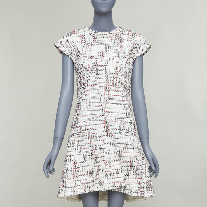 CHANEL 2015 cream red black cotton lattice tweed cap sleeve dress FR34 XS