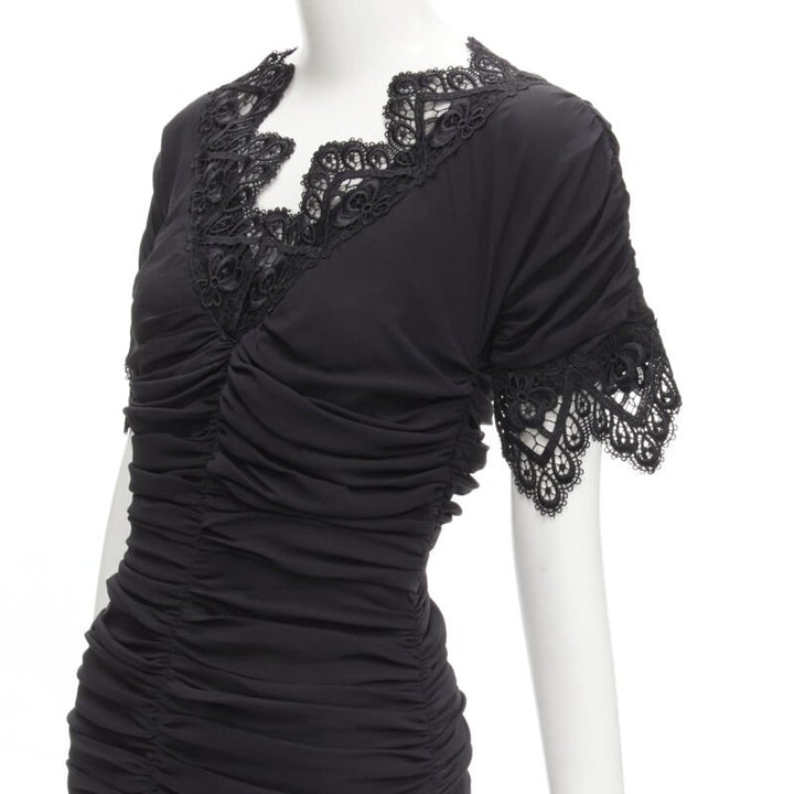 DOLCE GABBANA black silk gathered shirred lace trim cocktail dress IT42 M