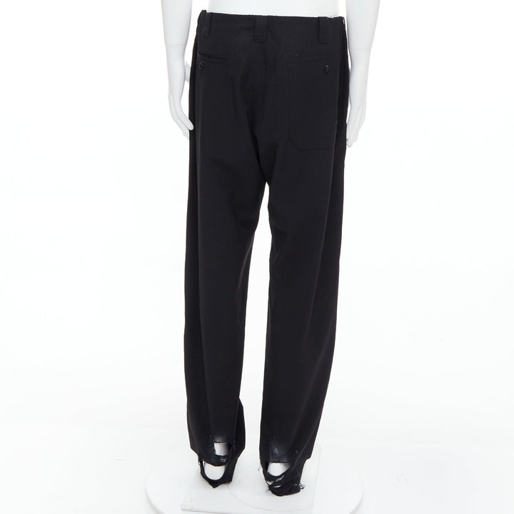 YOHJI YAMAMOTO black invisible drawstring distressed hem wide pants JP4 XL