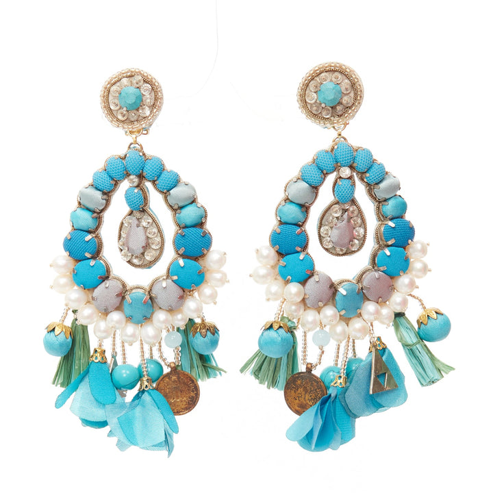 RANJANA KHAN turquoise cream faux pearl stone clip on earrings  Pair