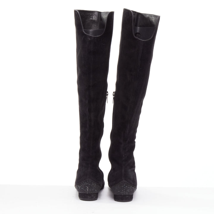 RENE CAOVILLA black suede crystal strass back slit knee flat boot EU35.5
