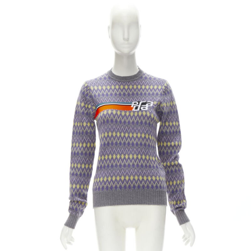 PRADA Sports Logo grey purple argyle knitted sweater S