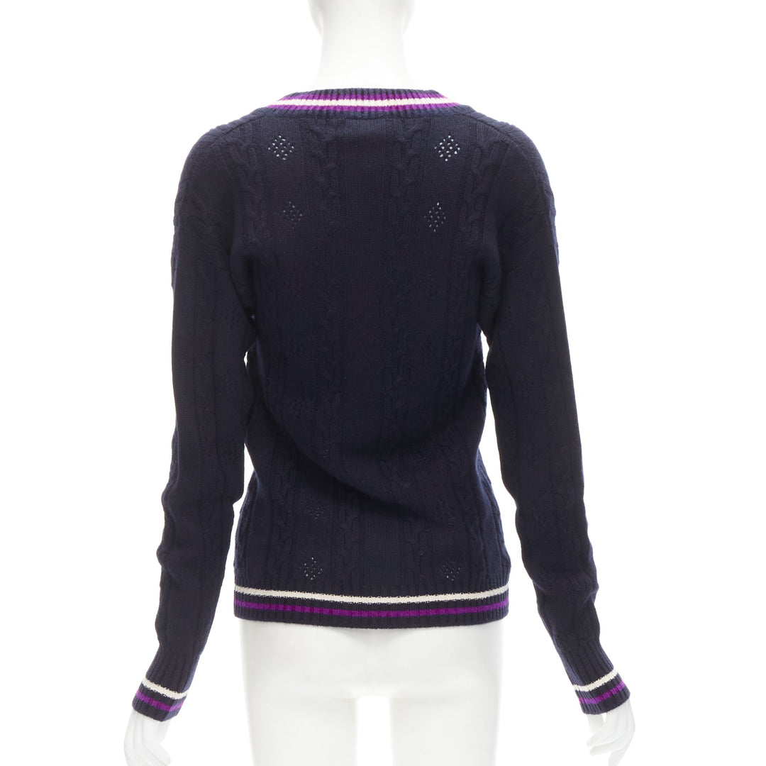 CHANEL cashmere blend navy purple embroidered badge schoolboy sweater FR38 M