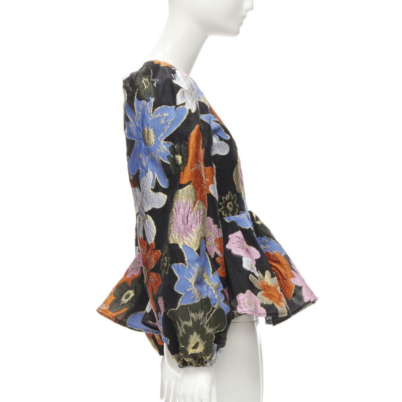 STINE GOYA orange blue floral jacquard peplum balloon sleeves top XS