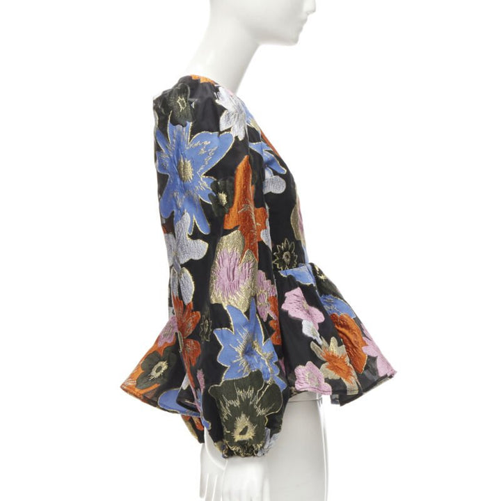 STINE GOYA orange blue floral jacquard peplum balloon sleeves top XS