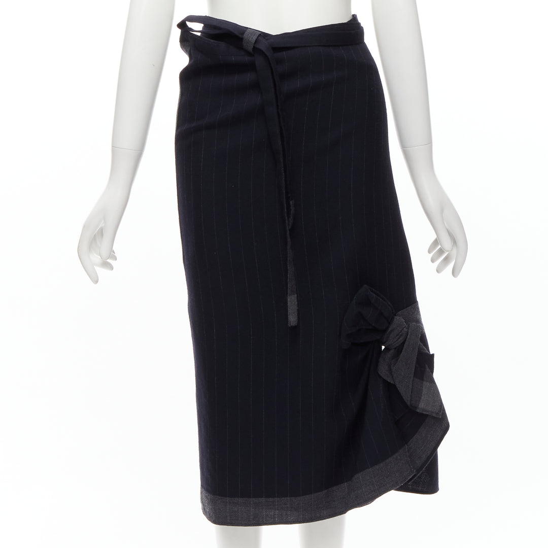 COMME DES GARCONS 2003 100% wool black pinstripe plaid bow wrap kilt skirt