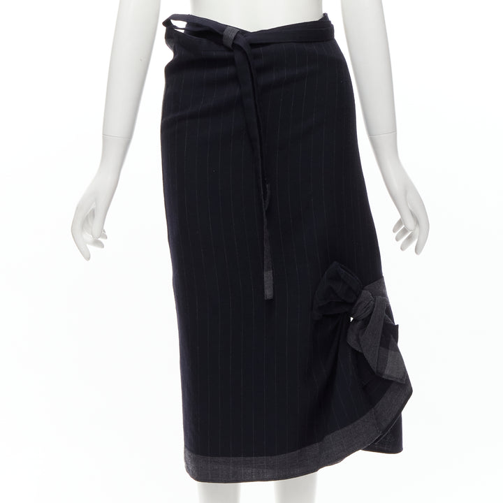 COMME DES GARCONS 2003 100% wool black pinstripe plaid bow wrap kilt skirt