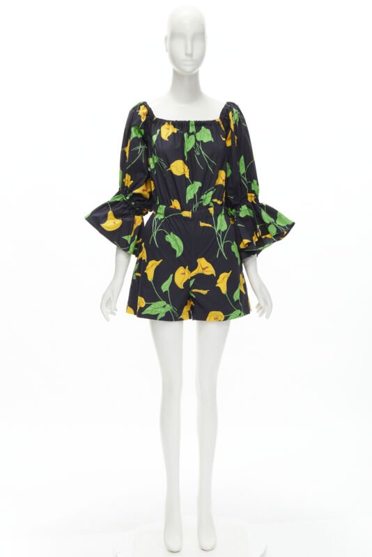 LE DOUBLE J Mantero black green yellow leaf print cotton flared cuff romper XS