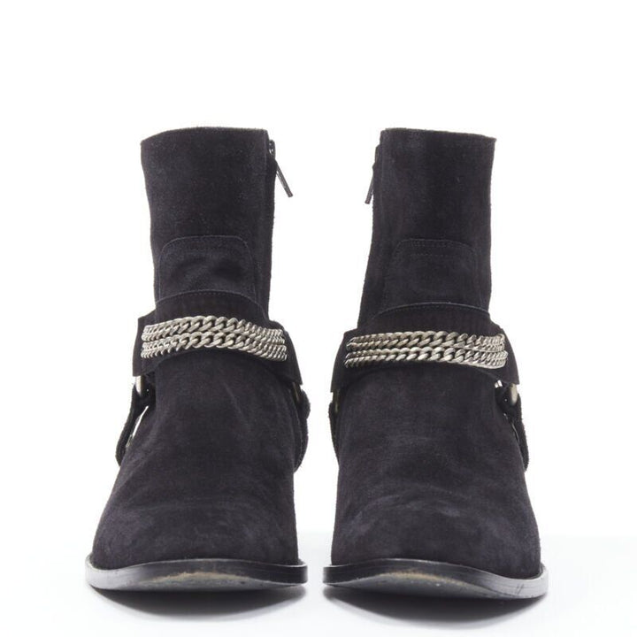 SAINT LAURENT Wyatt 40 black suede silver chain harness ankle boot EU36.5