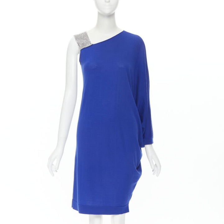 BALMAIN blue wool crystal rhinestone embellished strap asymmetric dress FR36 S