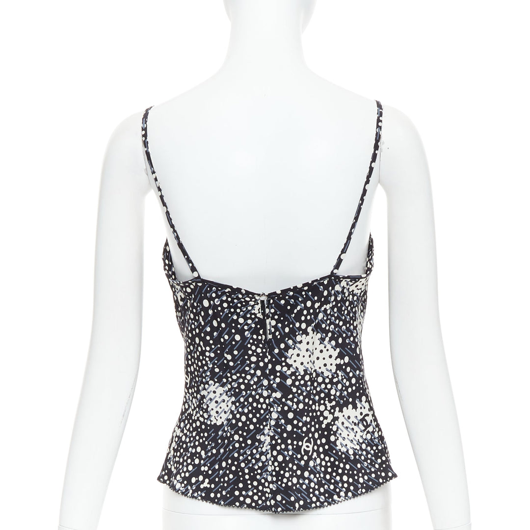 CHANEL 02A 100% silk CC logo polka dot pearl trim camisole FR40 S