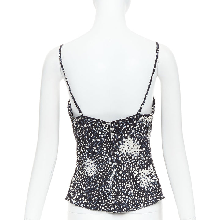 CHANEL 02A 100% silk CC logo polka dot pearl trim camisole FR40 S