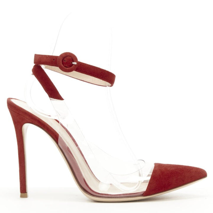 GIANVITO ROSSI Plexi red suede clear PVC ankle strap pump EU38.5