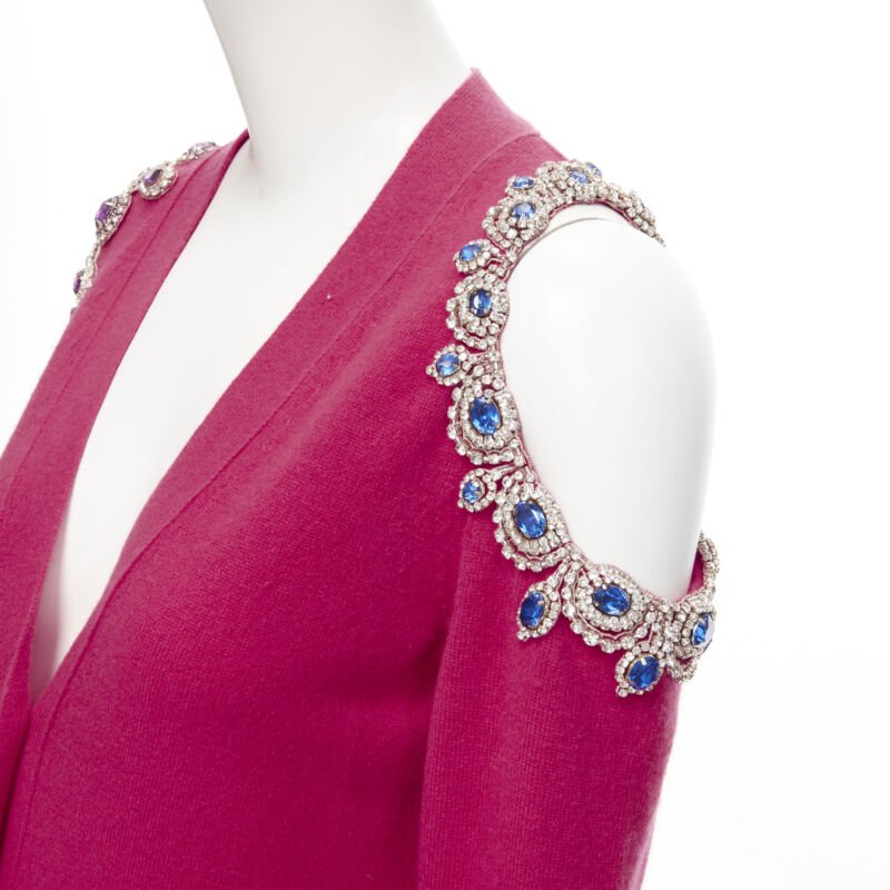MOSCHINO fuschia pink cashmere crystal jewel cold shoulder cardigan IT36 XS
