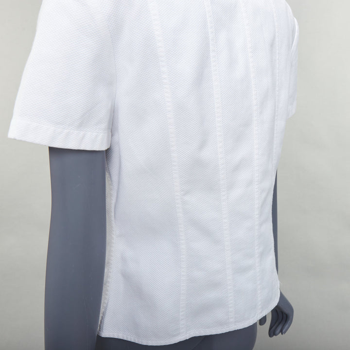 CHANEL Vintage 1990's white cotton gold CC logo button panelled crop shirt