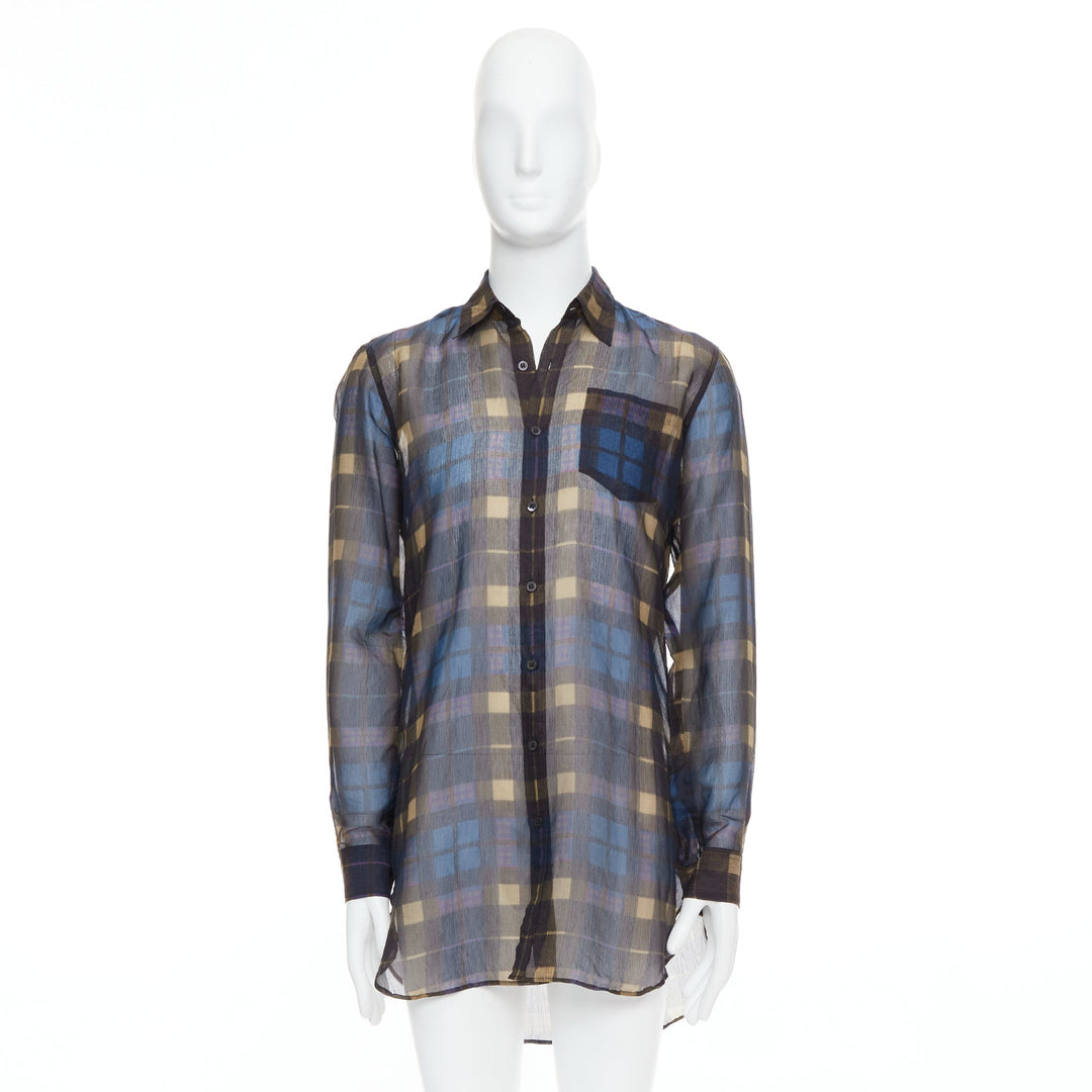 DRIES VAN NOTEN blue beige cotton silk sheer checked shirt IT48 M