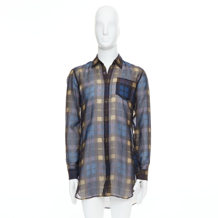DRIES VAN NOTEN blue beige cotton silk sheer checked shirt IT48 M