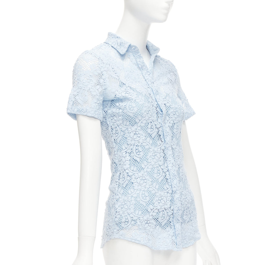 BURBERRY 2014 Runway baby blue floral lace short sleeve dress shirt IT36 XXS