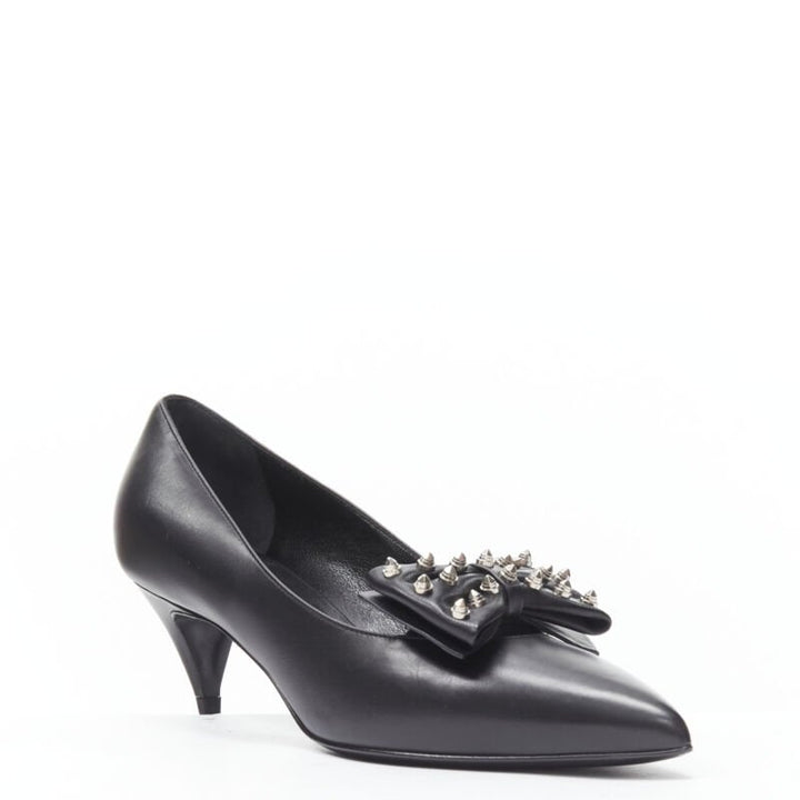 SAINT LAURENT silver spike studded bow point toe pump EU37