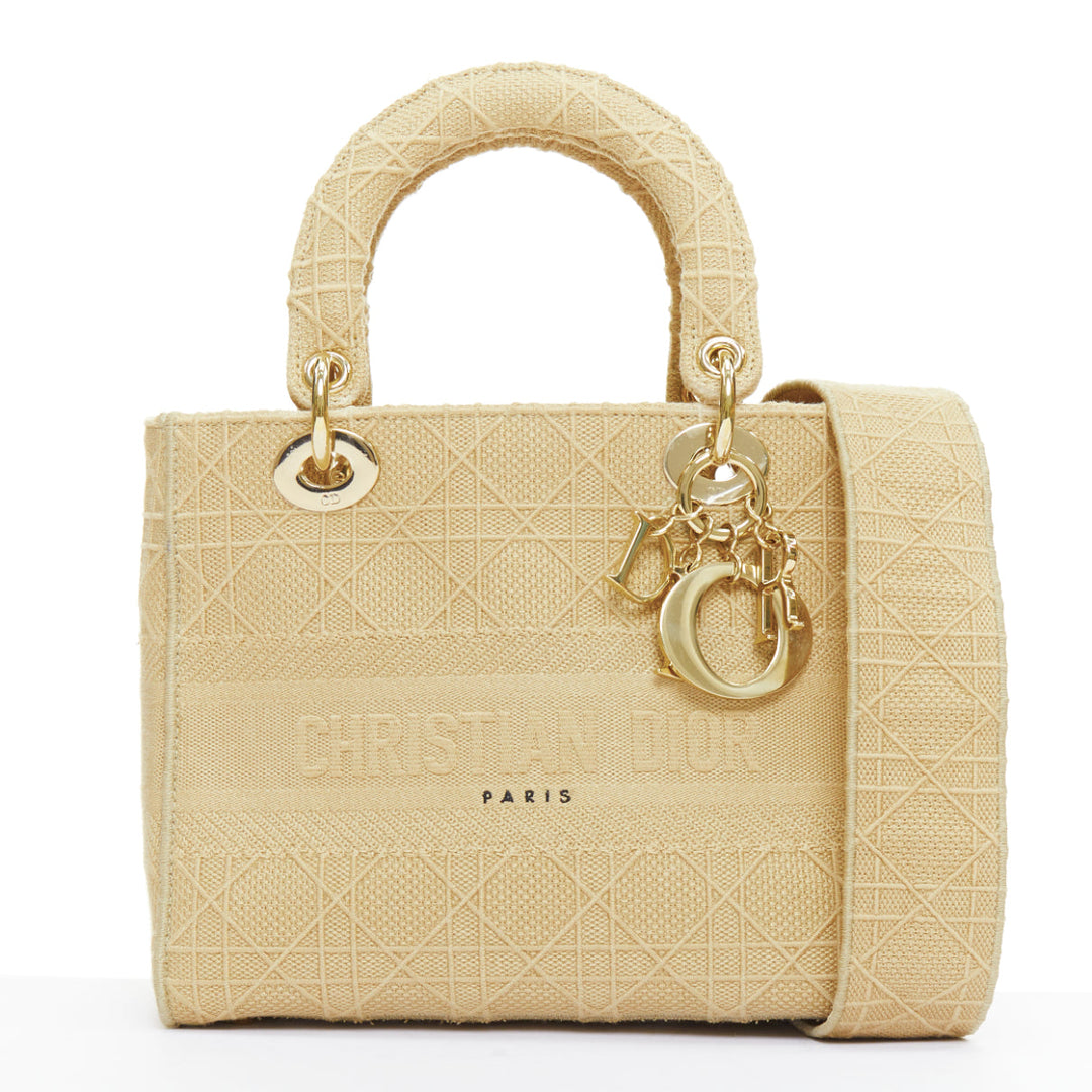CHRISTIAN DIOR Lady D-Lite Medium Cannage beige canvas CD charm top handle bag
