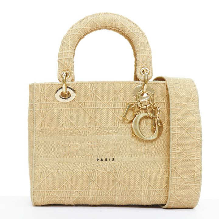 CHRISTIAN DIOR Lady D-Lite Medium Cannage beige canvas CD charm top handle bag