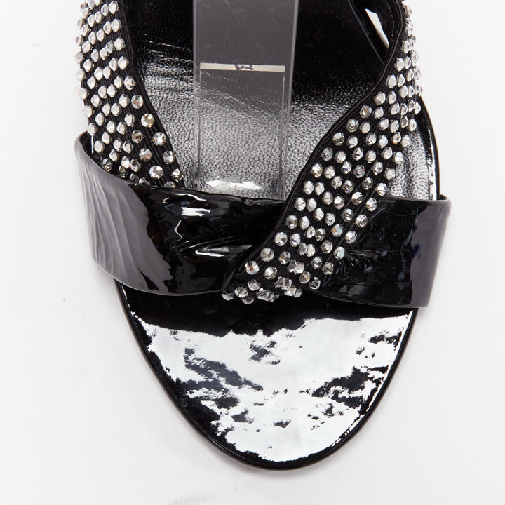 CELINE Hedi Slimane black patent leather silver crystals sandal heels EU38