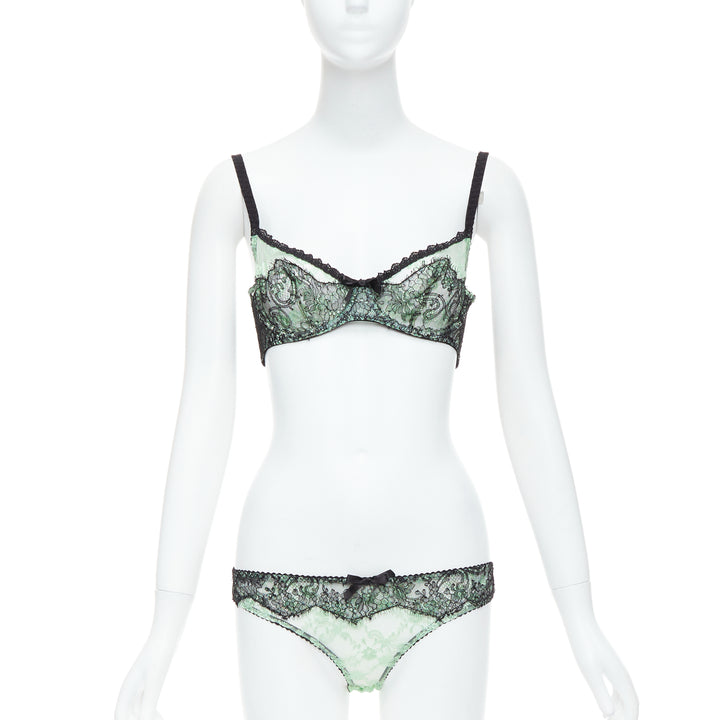 AGENT PROVOCATEUR mint green lace black bow bra panty set FR90C