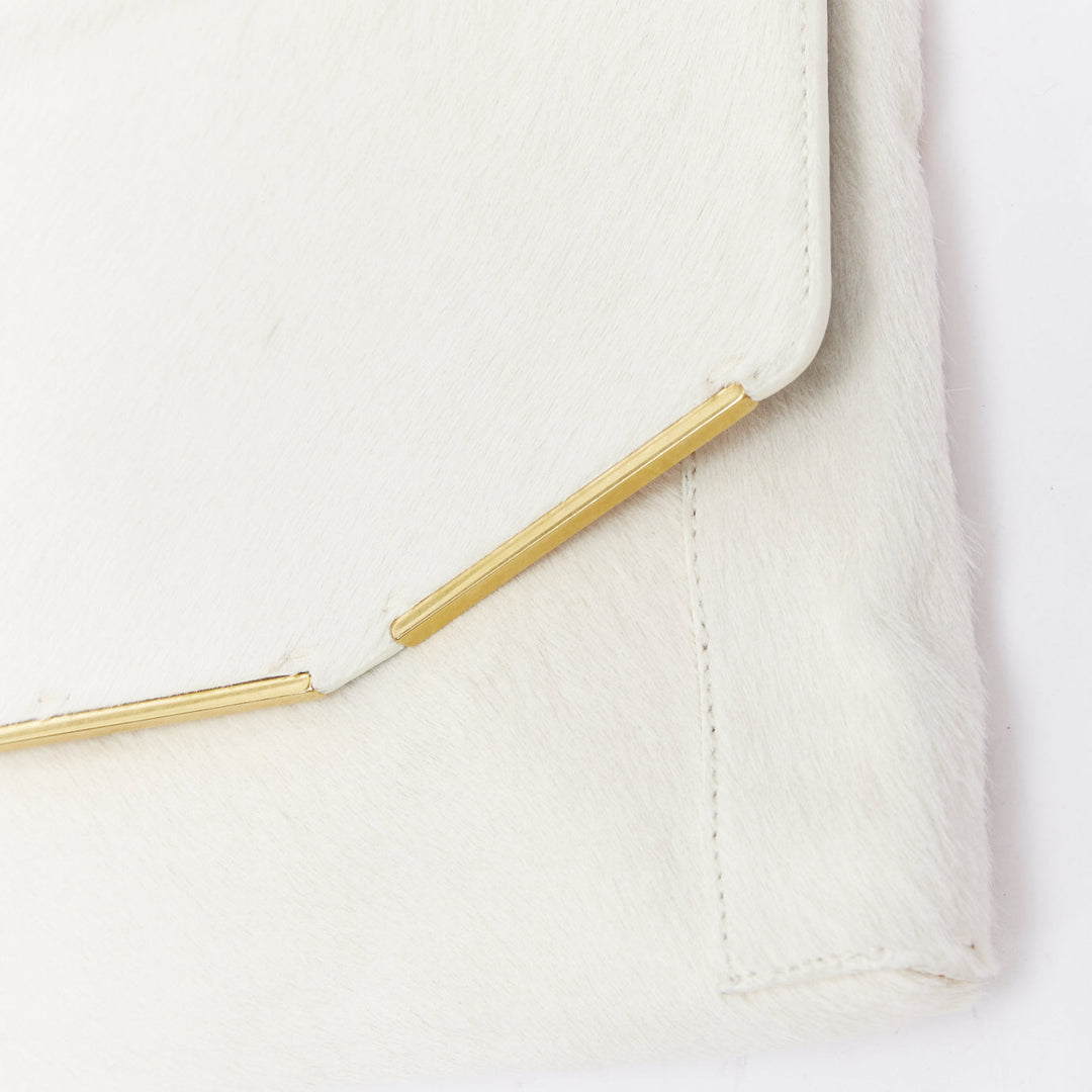 LANVIN Miss Sartorial off white calf hair gold bar flap envelope clutch bag