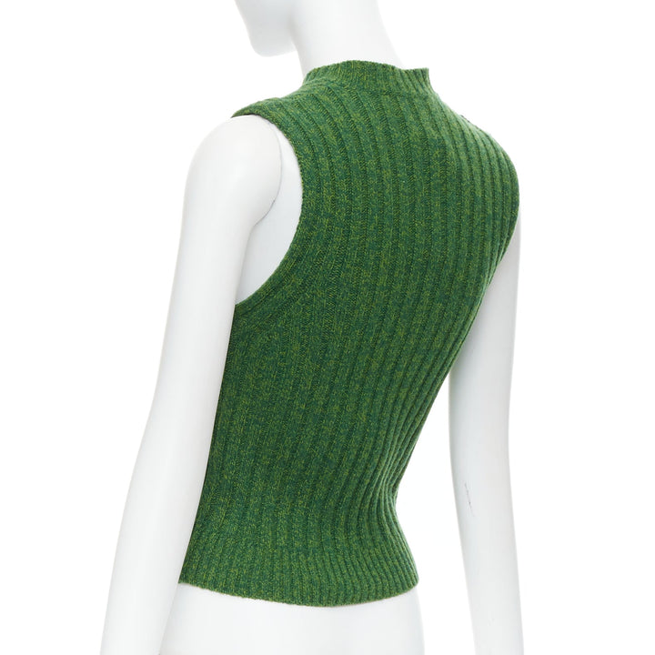 GANNI green recycled wool blend crystal button crew cropped vest XXS