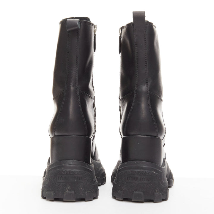 MIU MIU Runway black leather logo lace up chunky wedged military boots EU39