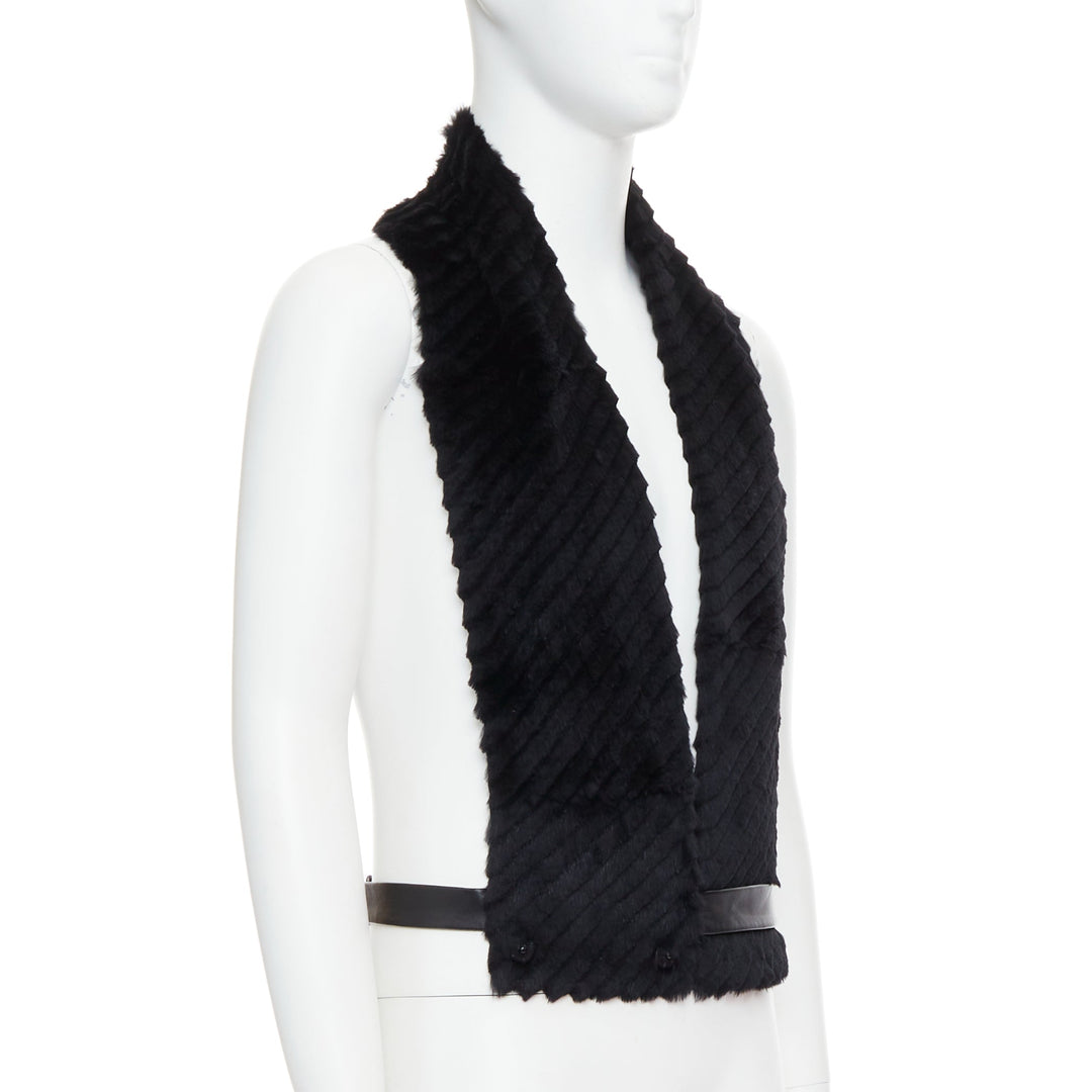 VERSACE black textured rabbit fur soft leather belt shawl scarf vest