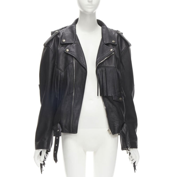 BALENCIAGA  2017 Runway 3-way draped hanging fringed biker jacket FR36 S