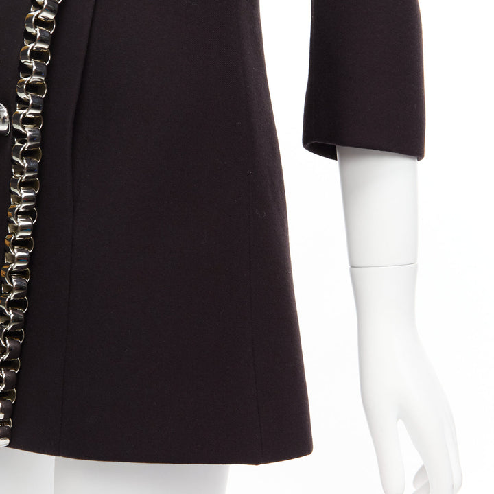 DAVID KOMA Runway Cady chunky chain trim black fit flare coat dress UK6 XS