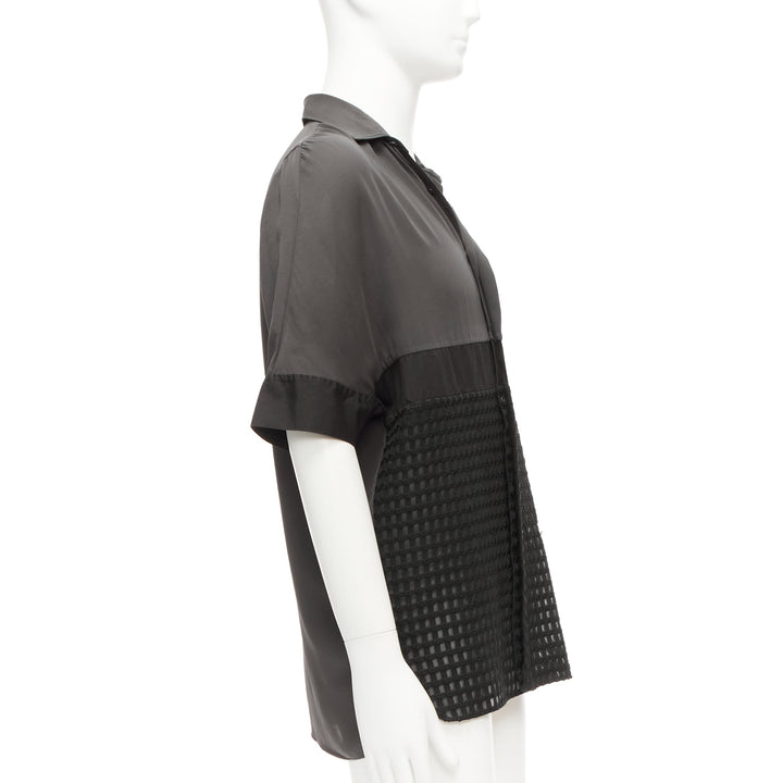 LANVIN grey black silky twill mix texture short sleeves dress shirt EU38/15 S
